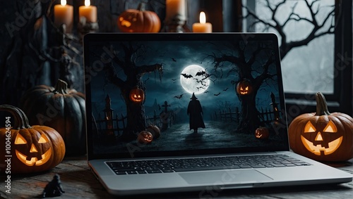 Laptop with Halloween wallpapers in the interior with a scary decor for a Halloween party with a Jack Lantern pumpkin, candles, bat. Holiday promotion, internet, shopping, autumn. photo