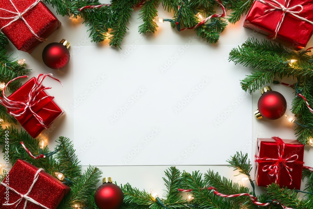 Red presents, ornaments, and greenery create a vibrant holiday border, inviting warm celebrations and festive cheer Red presents, ornaments, and greenery create a vibrant holiday border, inviting warm celebrations and festive cheer