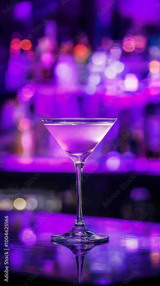Cocktail glass standing on bar with purple lighting reflecting Cocktail glass standing on bar with purple lighting reflecting