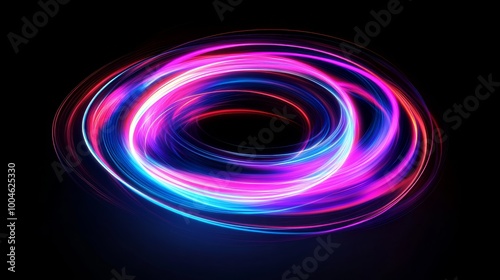 Abstract background with wavy neon lights flowing and forming colorful circle on black background