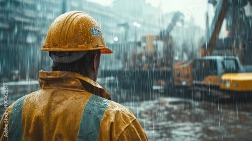 Construction worker enduring heavy rainfall at a job site. Worker in yellow hard hat facing challenging weather conditions. Manual labor perseverance in adverse outdoor environment.
