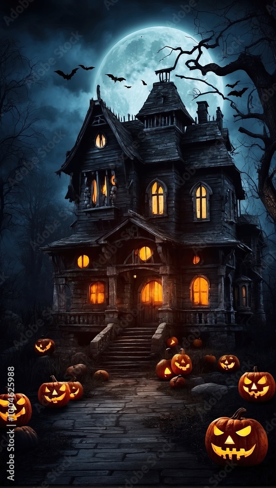 Terrible hunting house and Halloween Jack Lantern pumpkin in a scary forest with a dead tree. Frightening mood, bats, light in the windows, full moon, fog, twilight. Illustration. 
