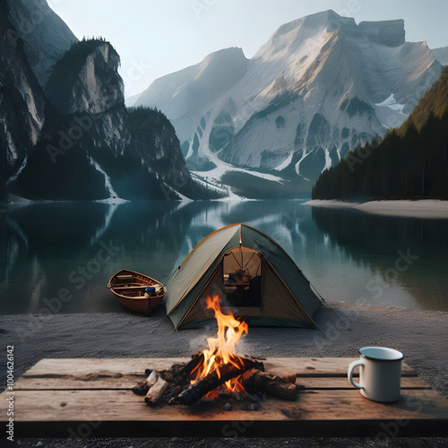 camping in the mountains by lake photo