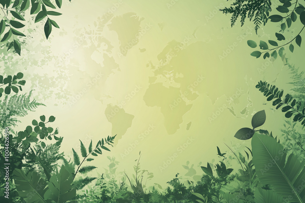 A faint world map is framed by green lush leaves and plants forming a peaceful and natural environment all around it
A faint world map is framed by green lush leaves and plants forming a peaceful and natural environment all around it