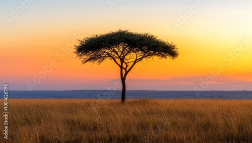 At sunset, a majesty of the African Savanna is accentuated by the dramatic sky and silhouetted Acacia trees