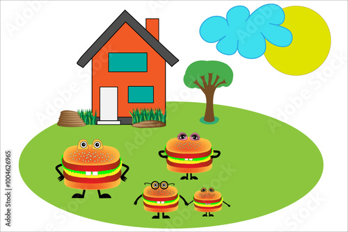  A family of hamburgers on the background of a beautiful house. Cartoon cute hamburgers in the image of mom, dad and kids. My favorite dish is a fast food burger, sandwich. A happy family.Vector. 