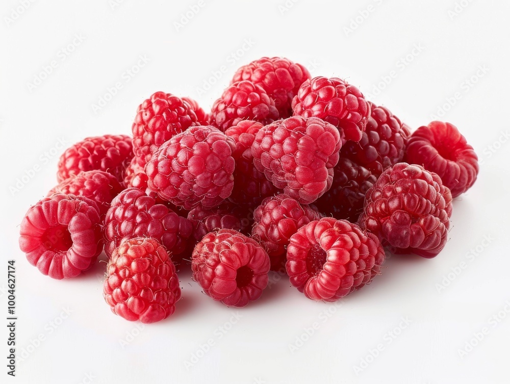A pile of fresh raspberries on a white background A pile of fresh raspberries on a white background