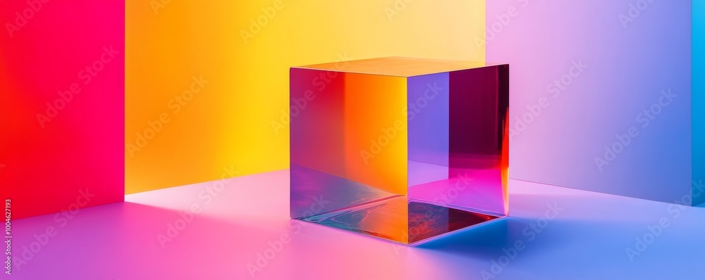 Empty transparent cube reflecting vibrant colors background