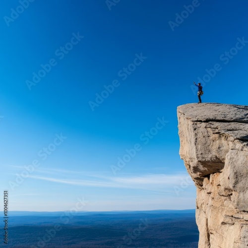 Cliff climber reaching the summit, expansive landscape below, moment of triumph