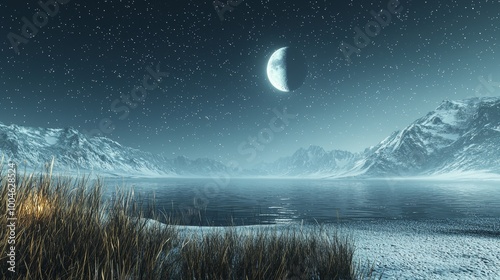 An exotic picture depicting a tranquil waterbodies surrounded by majestic mountain ranges and illuminated by a full moon's radiant light photo