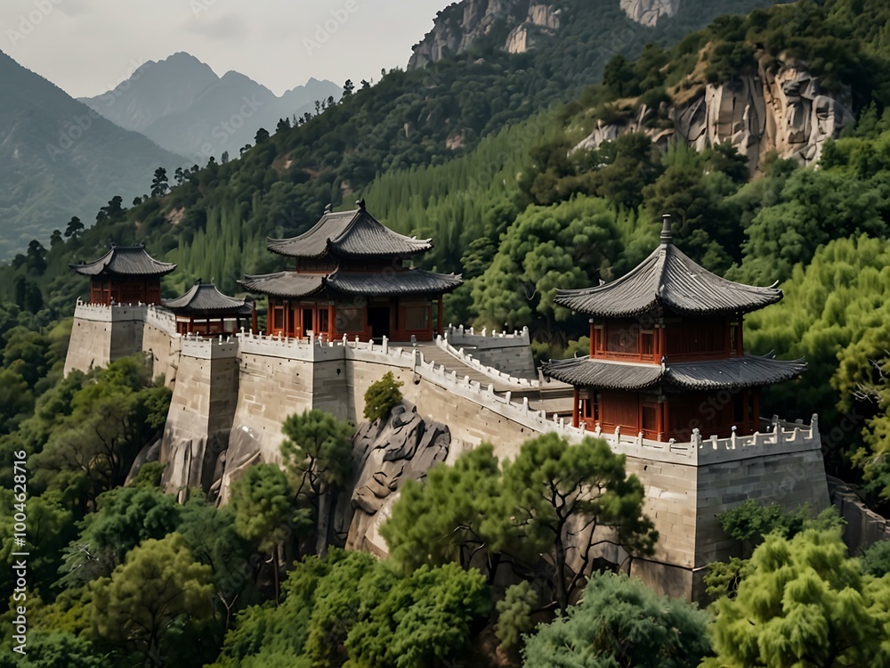 Chinese architecture with mountains and trees. Chinese architecture with mountains and trees.