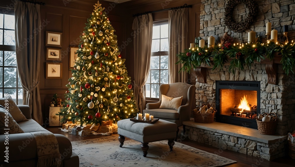 Christmas decor featuring a beautifully adorned tree and warm fireplace. Christmas decor featuring a beautifully adorned tree and warm fireplace.