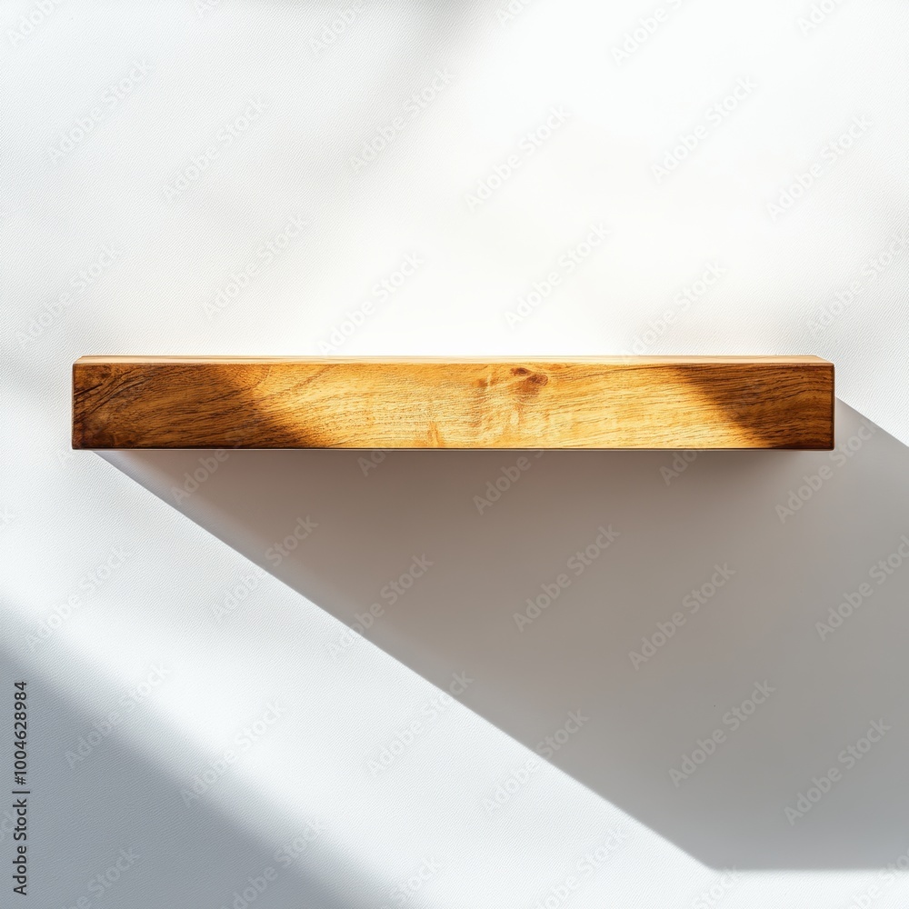A smooth, polished wooden shelf mounted against a white background, casting soft shadows and illuminated by natural light A smooth, polished wooden shelf mounted against a white background, casting soft shadows and illuminated by natural light