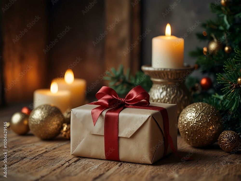 Christmas decorations with a beautifully wrapped gift in a cozy interior.