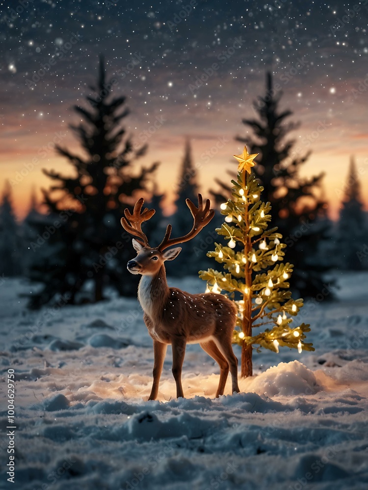 Christmas scene with tree and reindeer