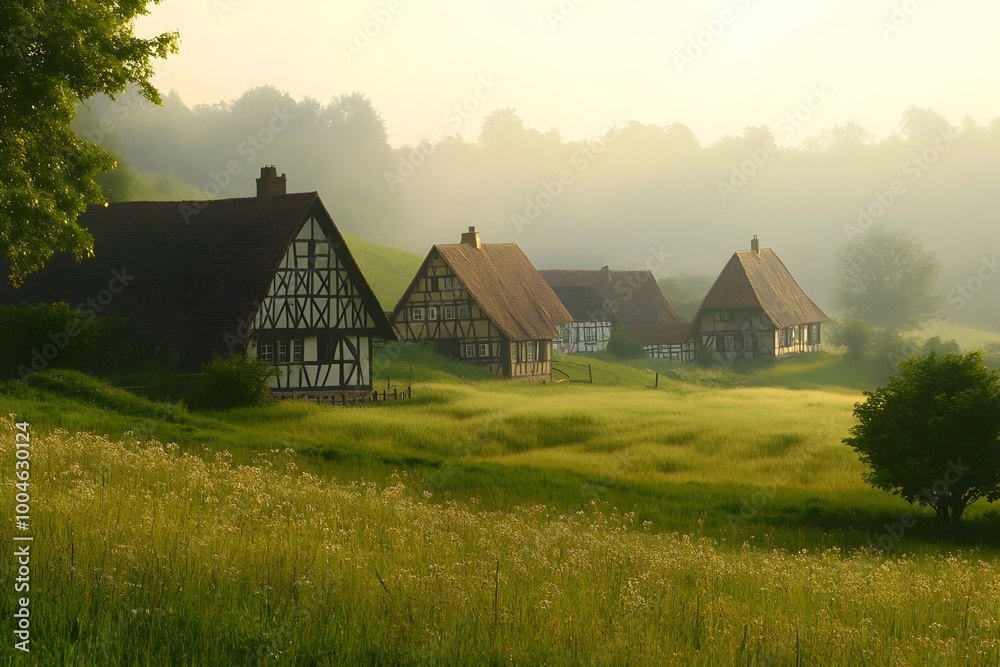 Picturesque rural idyll with gently sloping meadows charming half timbered farmhouses and a classic bucolic panorama bathed in soft diffused lighting Evoking the serene Picturesque rural idyll with gently sloping meadows charming half timbered farmhouses and a classic bucolic panorama bathed in soft diffused lighting Evoking the serene