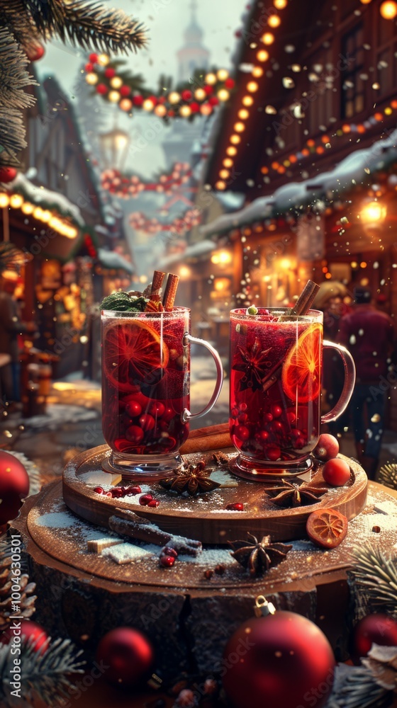 Glasses of steaming mulled wine sit on a wooden table decorated with pine branches, baubles, and delicate snowflakes for a warm and festive holiday setting Glasses of steaming mulled wine sit on a wooden table decorated with pine branches, baubles, and delicate snowflakes for a warm and festive holiday setting