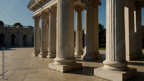 Classical fluted columns on a round platform with shadows. photo