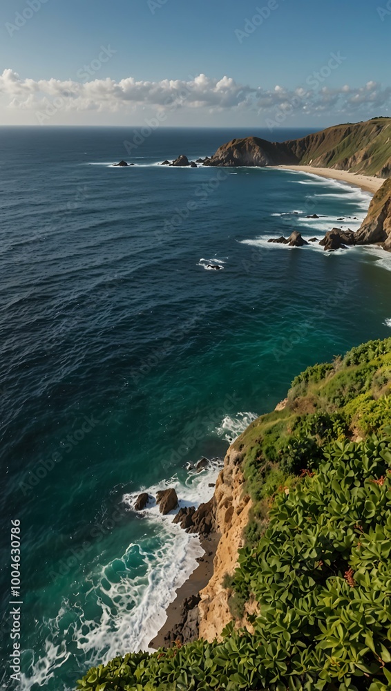 Cliffside view of a lush landscape and ocean. Cliffside view of a lush landscape and ocean.