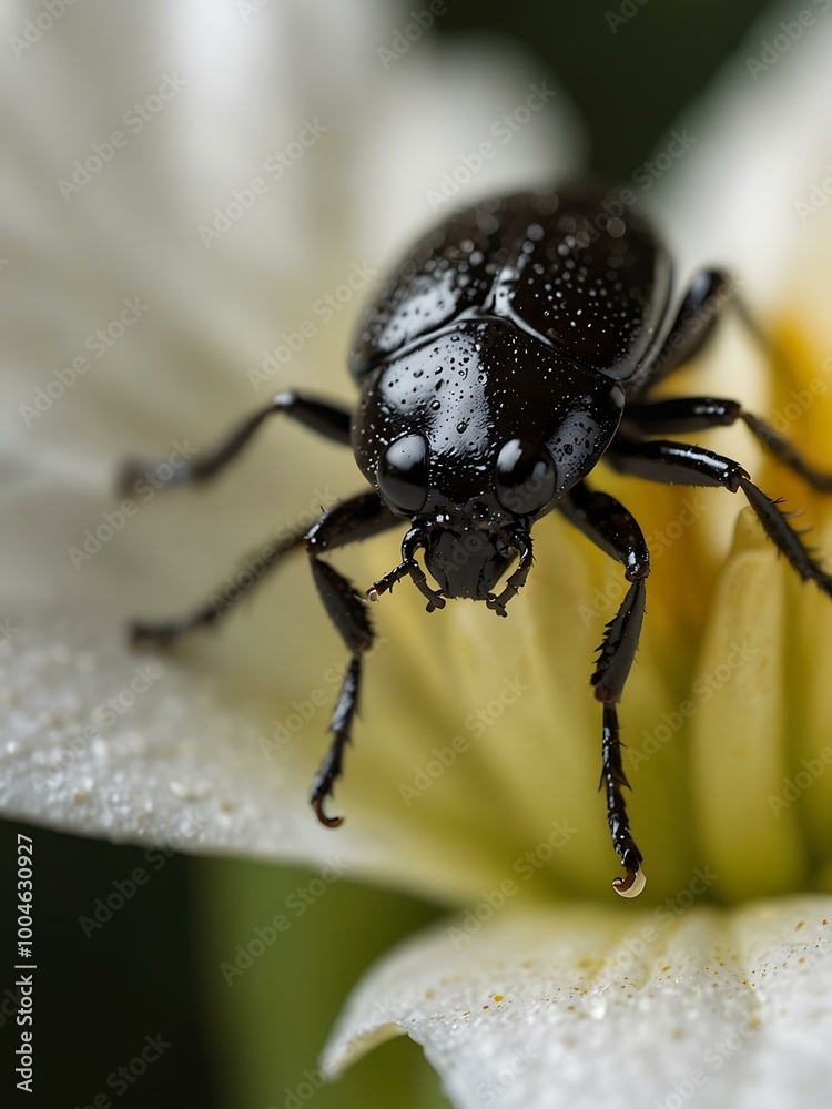 Close-up of a beetle on a white lily petal, showcasing its glossy exoskeleton. Close-up of a beetle on a white lily petal, showcasing its glossy exoskeleton.