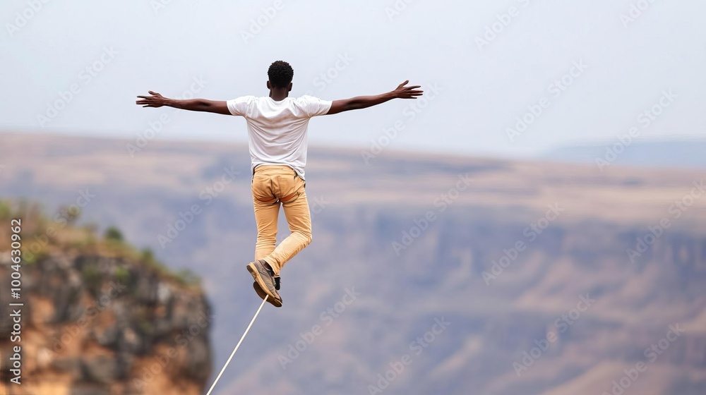 Obraz premium Highliner balancing over a deep valley, arms outstretched, extreme balancing act