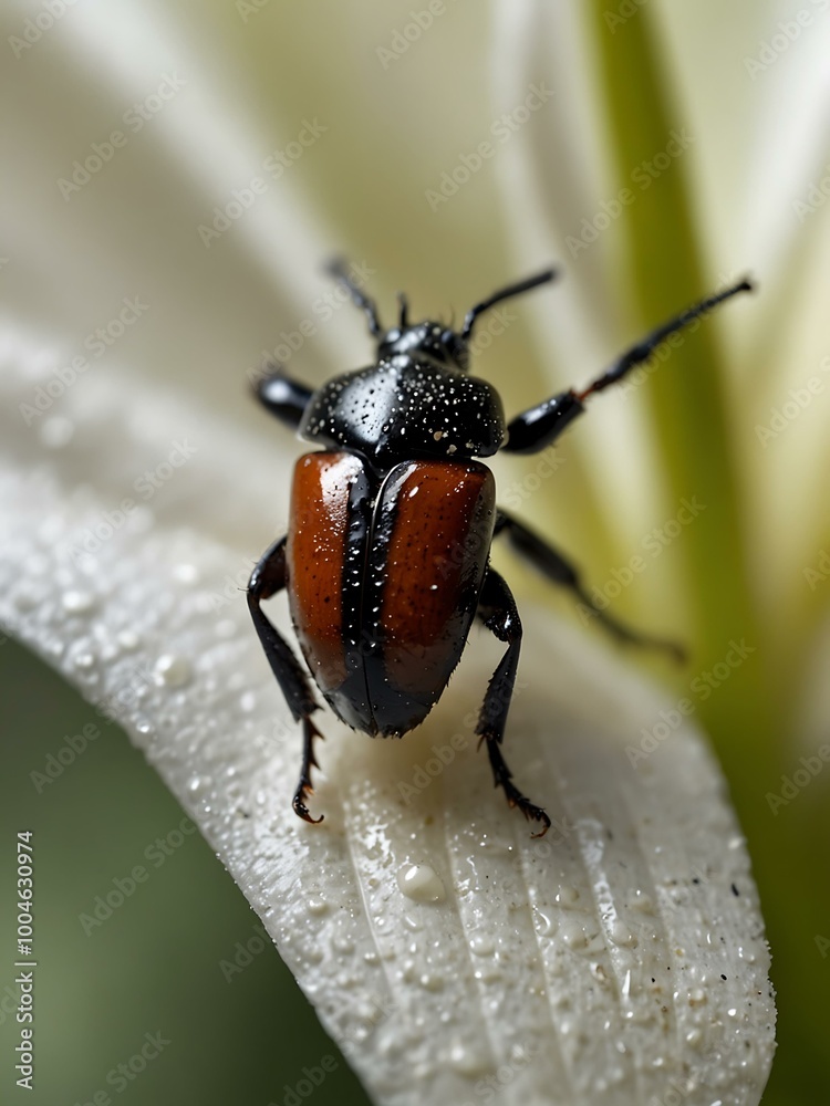 Close-up of a beetle on a white lily petal, showcasing its glossy exoskeleton. Close-up of a beetle on a white lily petal, showcasing its glossy exoskeleton.