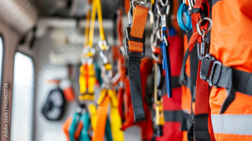 Close up of colorful parachute harnesses and safety straps hanging in storage area, showcasing various colors and attachments. image conveys sense of adventure and safety