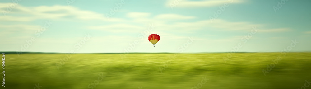 Naklejka premium vibrant hot air balloon floats gracefully over lush green field, creating serene and picturesque scene. blurred horizon adds dreamy quality to image, evoking sense of tranquility and adventure