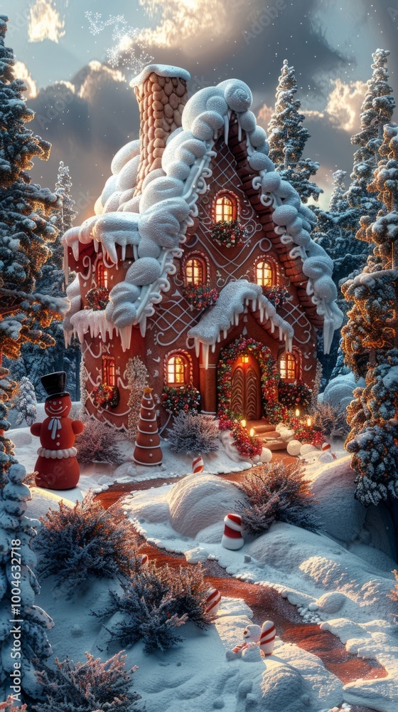 Fototapeta premium This elaborate gingerbread house sits in a winter wonderland, with colorful candy canes, gumdrops, and chocolate roof tiles, surrounded by snow and holiday lights