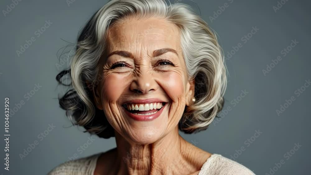 A close up portrait of a joyful elderly woman smiling brightly, capturing warmth and authenticity, highlighted with soft lighting and engaging expression A close up portrait of a joyful elderly woman smiling brightly, capturing warmth and authenticity, highlighted with soft lighting and engaging expression