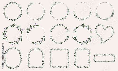 Vector set of cute kawaii sweet purple flower with greenery wreaths, frame, heart and arch frame