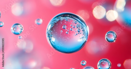 Vivid water bubbles float against a bright background, showcasing their reflections and intricate details under clear lighting