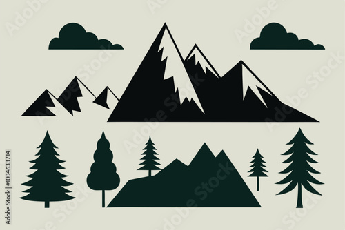 Set of silhouettes Mountains, hills and trees. Mountain ranges, hills and forests, outdoors, nature, travel, climbing