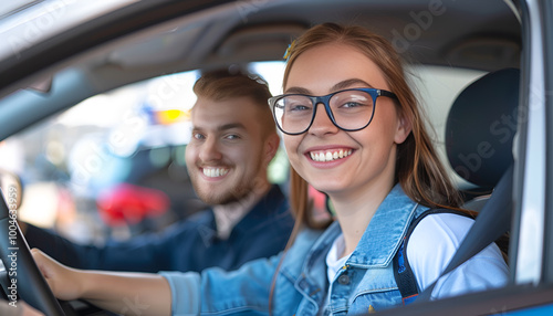 Driving school. Happy student during lesson with driving instructor in car at parking lot