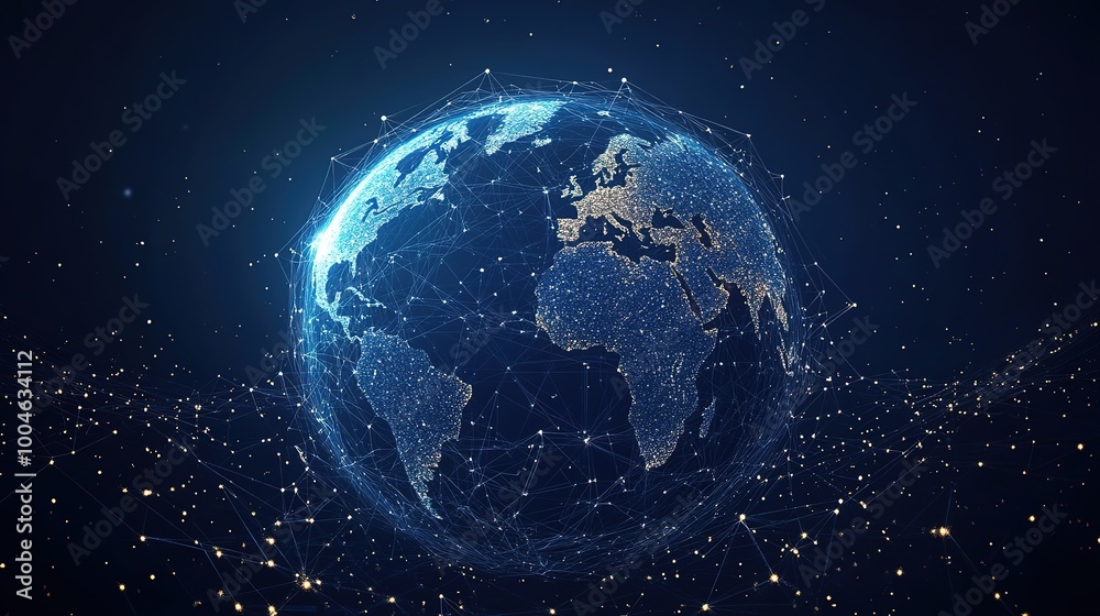 Obraz premium World geometric and earth for connection ,community and society Map networking and communication, planet model with decoration, abstract design or geometric link of business and global economy 