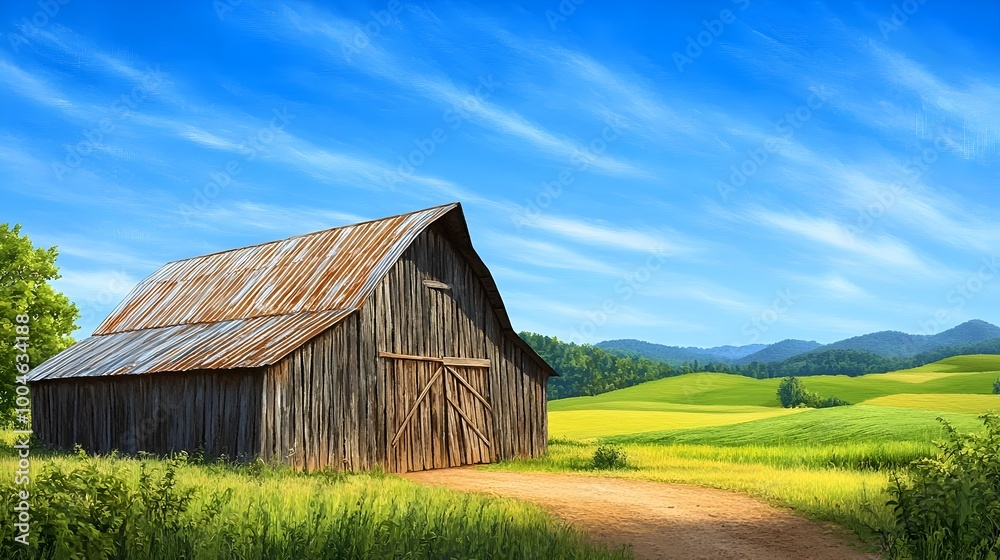 Obraz premium Rustic Weathered Wooden Barn Set Against a Picturesque Countryside Landscape with Lush Green Fields Rolling Hills and a Dirt Path Leading Up to the Barn Under a Bright Cloudy Blue Sky