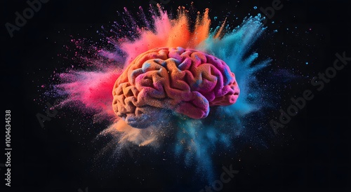 A colorful cloud of powder forms the shape of a human brain on a black background, symbolizing creativity and intelligence in art creation concept art