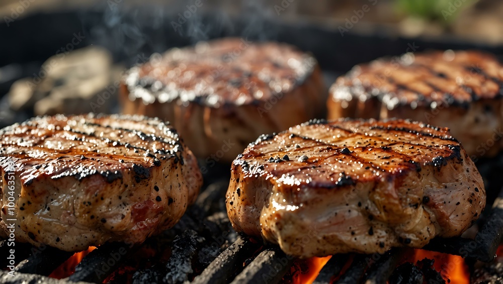 Close-up of succulent barbecue steaks cooking over hot coals, showcasing juicy texture and grill marks. Close-up of succulent barbecue steaks cooking over hot coals, showcasing juicy texture and grill marks.