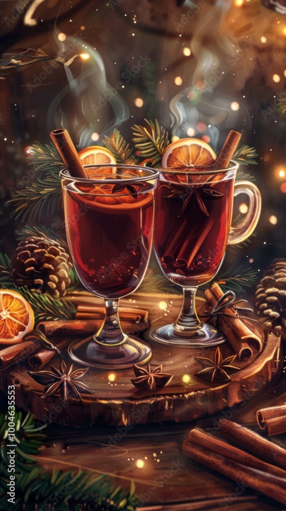 A cozy scene with two glasses of aromatic mulled wine on a Christmas stall, surrounded by cinnamon sticks, star anise, orange slices, pine cones, holly leaves, and fairy lights A cozy scene with two glasses of aromatic mulled wine on a Christmas stall, surrounded by cinnamon sticks, star anise, orange slices, pine cones, holly leaves, and fairy lights