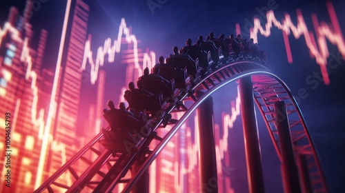 People riding a roller coaster with fluctuating stock market graphs in the background, symbolizing economic volatility and stock trading challenges