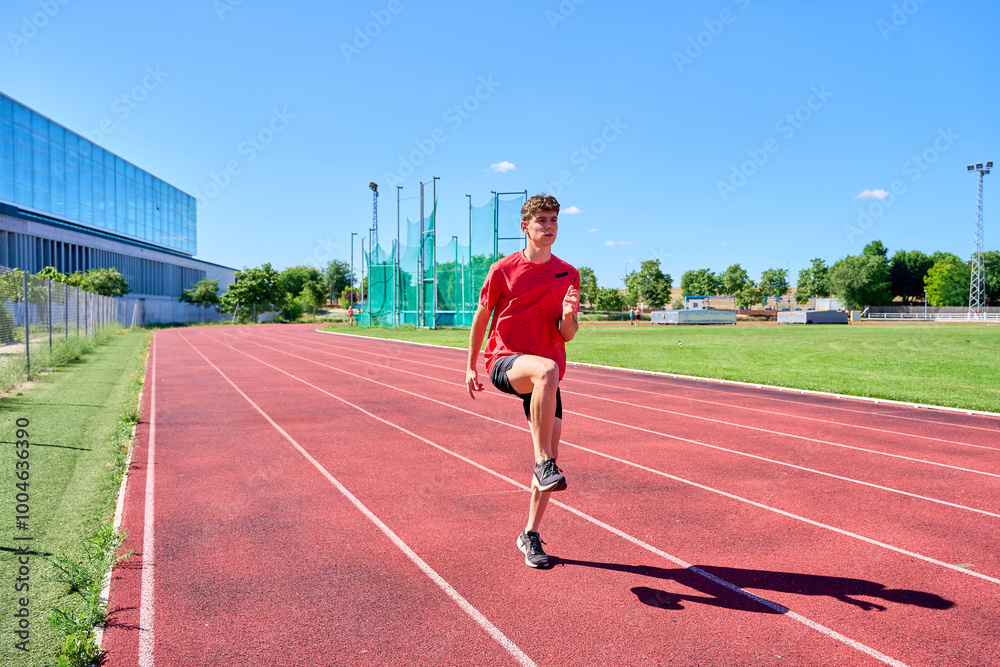 Young male sprinter warming up on a track under a clear blue sky Young male sprinter warming up on a track under a clear blue sky