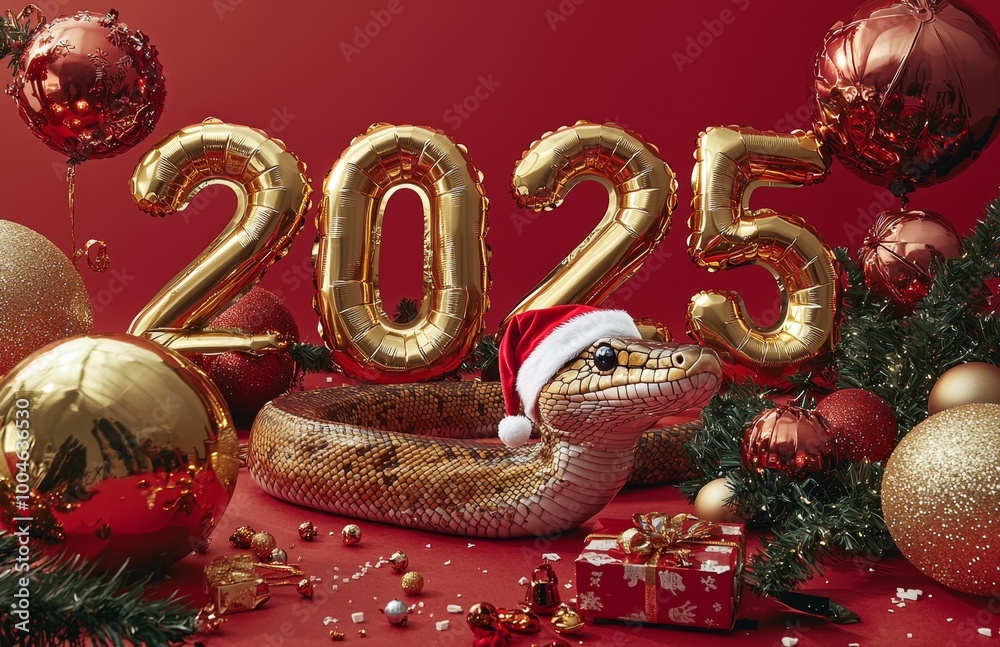 A festive snake wearing a Santa hat surrounded by golden ornaments and balloons celebrating the New Year 2025 A festive snake wearing a Santa hat surrounded by golden ornaments and balloons celebrating the New Year 2025