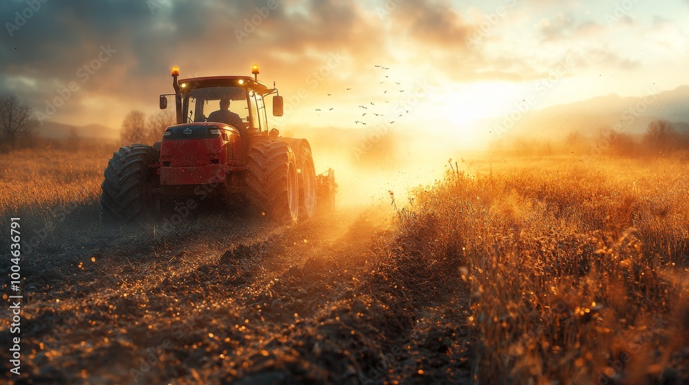 Fototapeta premium Red tractor driving through a golden field at sunset with dust and birds flying in the background