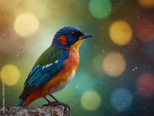 Colorful bird against a dreamy bokeh background.