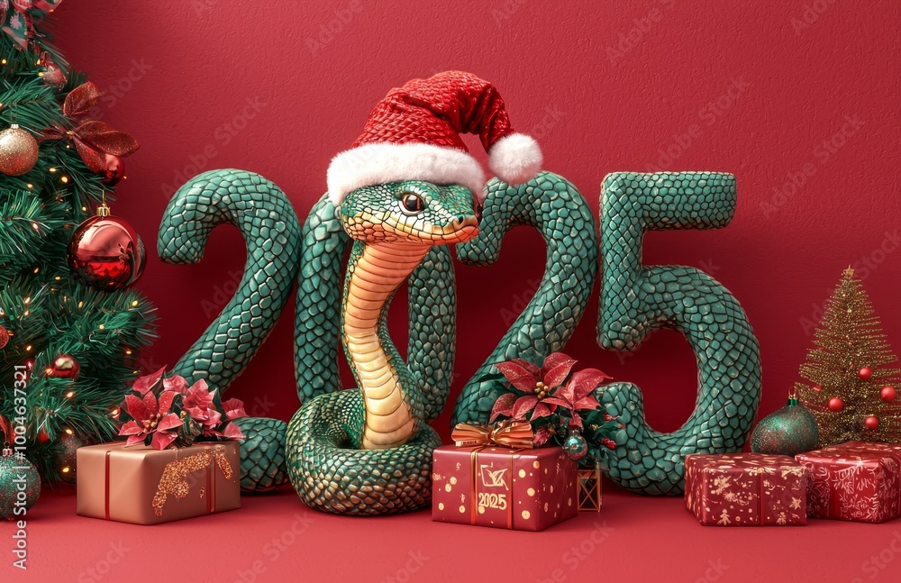 A festive snake wearing a Santa hat beside holiday gifts and a decorated Christmas tree welcoming the New Year 2025 A festive snake wearing a Santa hat beside holiday gifts and a decorated Christmas tree welcoming the New Year 2025