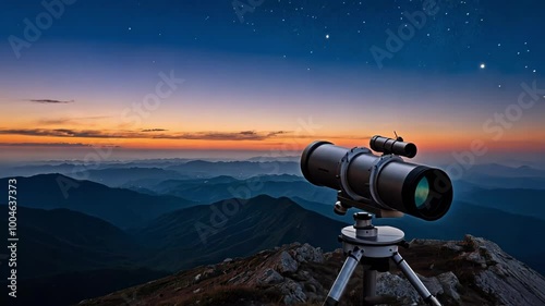 A serene landscape featuring a telescope at sunset, capturing distant stars and mountains amid tranquil natural beauty