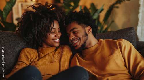 Couple relaxing together on a cozy couch, smiling and enjoying each other's company, captured in warm lighting, representing happiness, comfort, and affection.