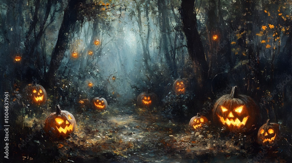 Autumn harvest picnic scene in a dark moody forest with carved jack o lanterns and pumpkin lanterns scattered throughout the undergrowth Autumn harvest picnic scene in a dark moody forest with carved jack o lanterns and pumpkin lanterns scattered throughout the undergrowth