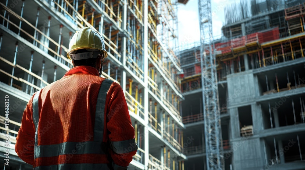 Vigilant worker in safety gear navigating a high-rise construction site, showcasing the challenges and height of their profession Vigilant worker in safety gear navigating a high-rise construction site, showcasing the challenges and height of their profession