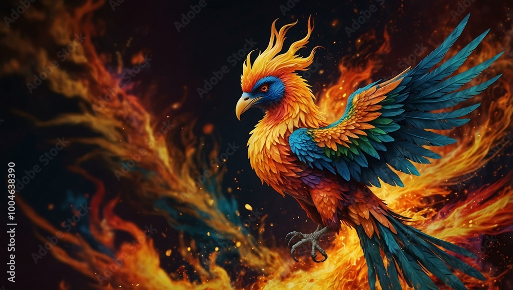 Colorful phoenix rising from flames, displaying vibrant feathers. Colorful phoenix rising from flames, displaying vibrant feathers.